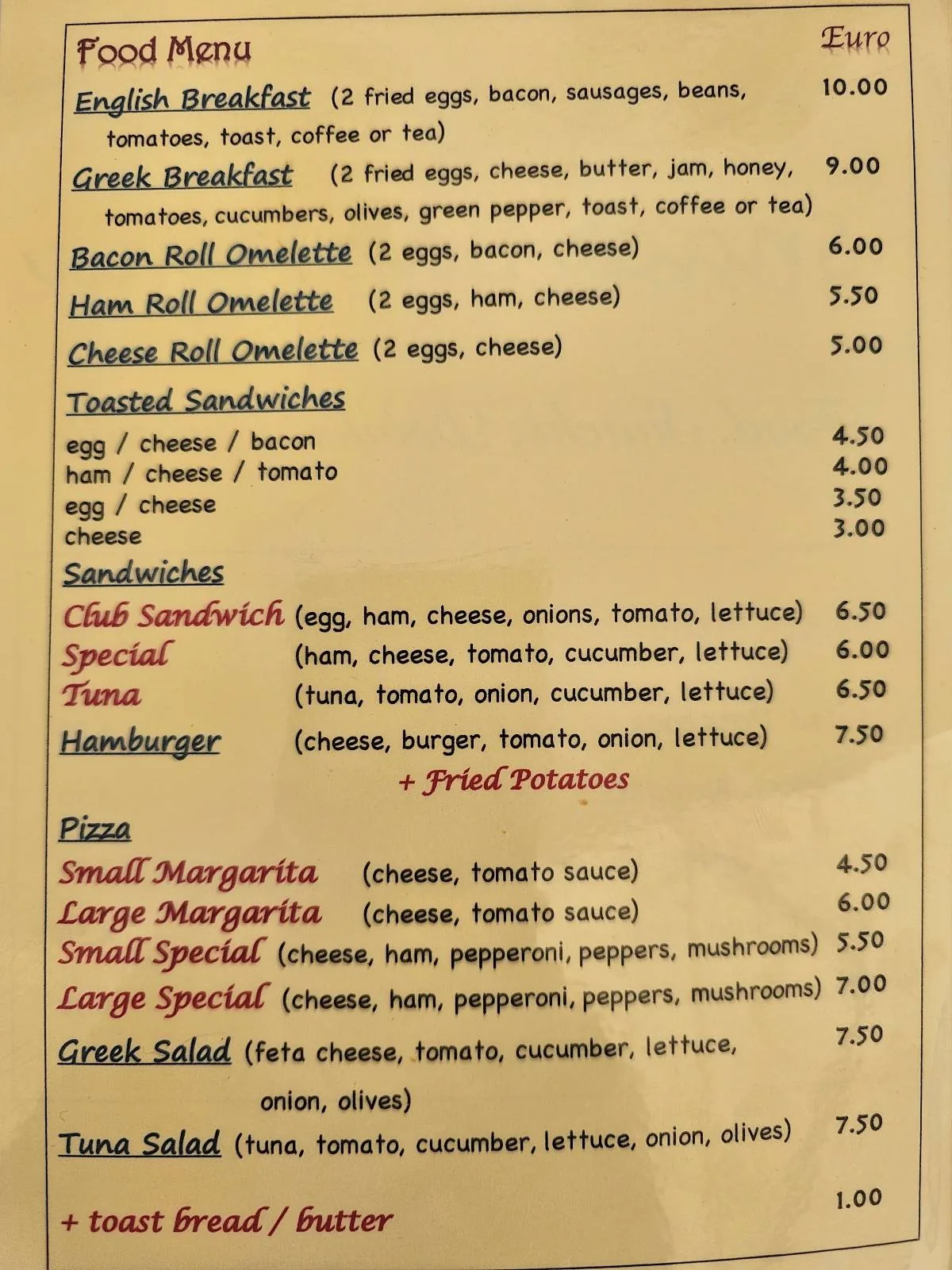 A restaurant menu lists breakfast items, toast and sandwiches, burgers, pizzas, and extras with prices. Dishes include English breakfast, omelets, sandwiches, cheeseburgers, margarita pizza, and salads.