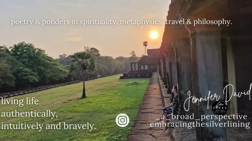 Sunset over ancient stone pathway and green field, person sitting pensively. Text on spirituality, authenticity, and travel overlays image.