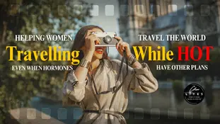 Woman smiling, holding a camera in a sunny outdoor setting. Text reads: "Helping Women Traveling While HOT", emphasizing travel. Vibrant colors.
