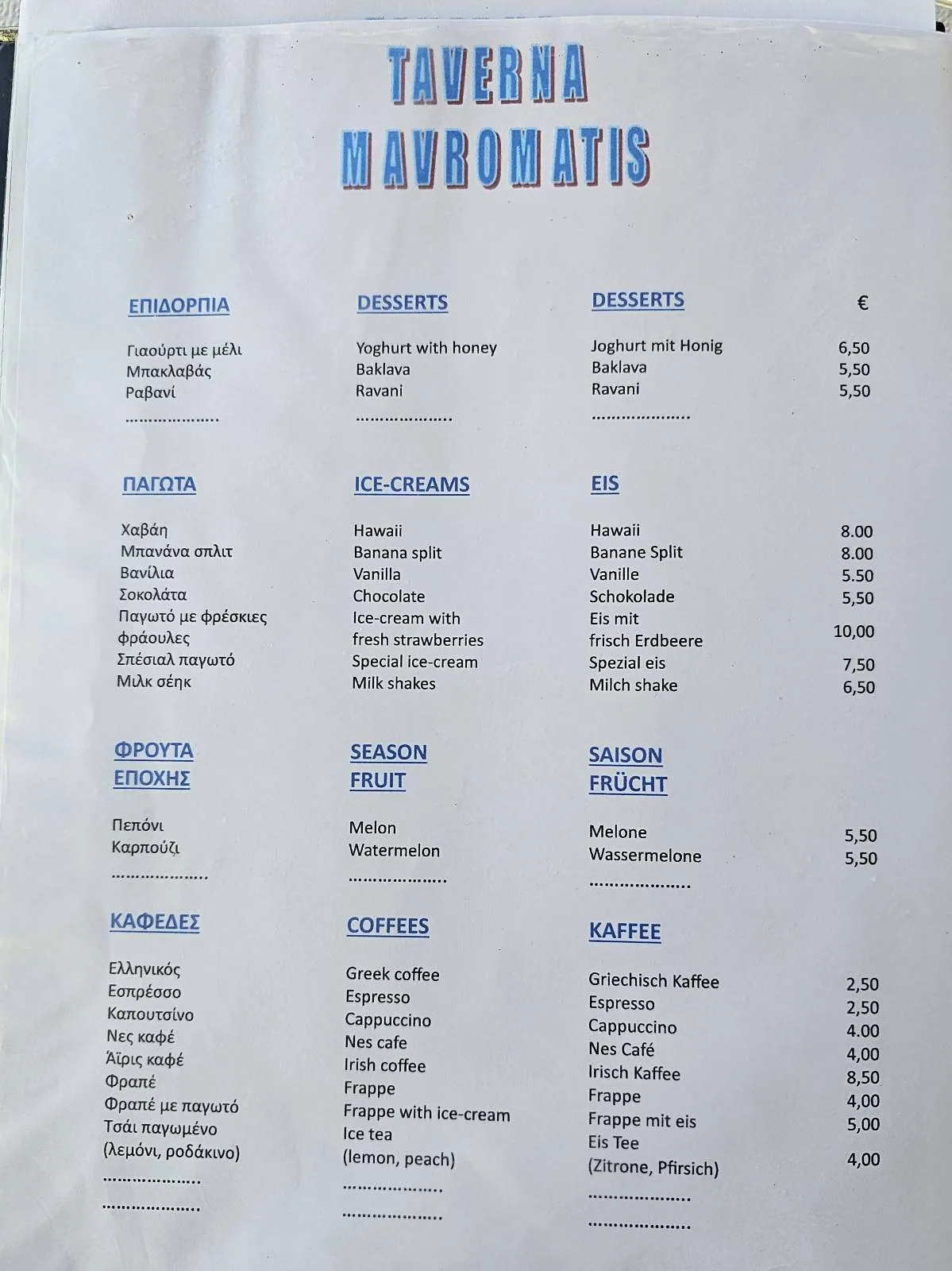 A menu from Taverna Mavromatis listing categories like appetizers, salads, meats, and beverages with various Greek dishes and prices in euros, organized in columns on a white background.