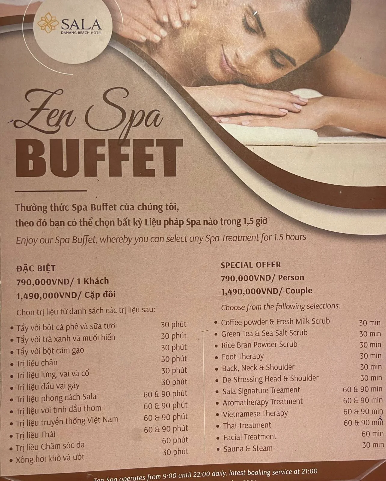 A flyer for "Zen Spa Buffet" with a relaxed woman receiving a back massage. It lists various spa services available, including massages and beauty treatments, with corresponding times and prices. The flyer has a warm, soothing design.