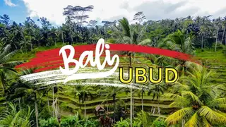 Lush green rice terraces in Bali, Ubud with palm trees. Text "Bali Ubud" overlays the landscape, featuring red and white brushstrokes.