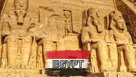 Ancient Egyptian stone statues and carvings, accented with a red, white, and black striped graphic overlay reading "Egypt," offer a striking visual that inspires travel. Use these tips to enhance your journey and find the best accommodations amidst these historic marvels.