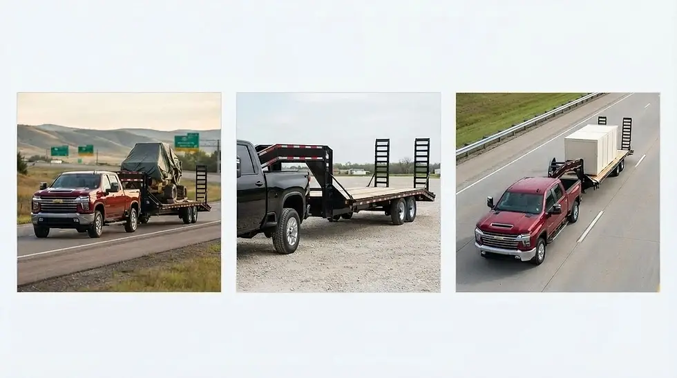 Composite lifestyle photography showcasing various pickup trucks in use for towing equipment and driving on a highway. The aesthetic is clean, industrial, and practical.