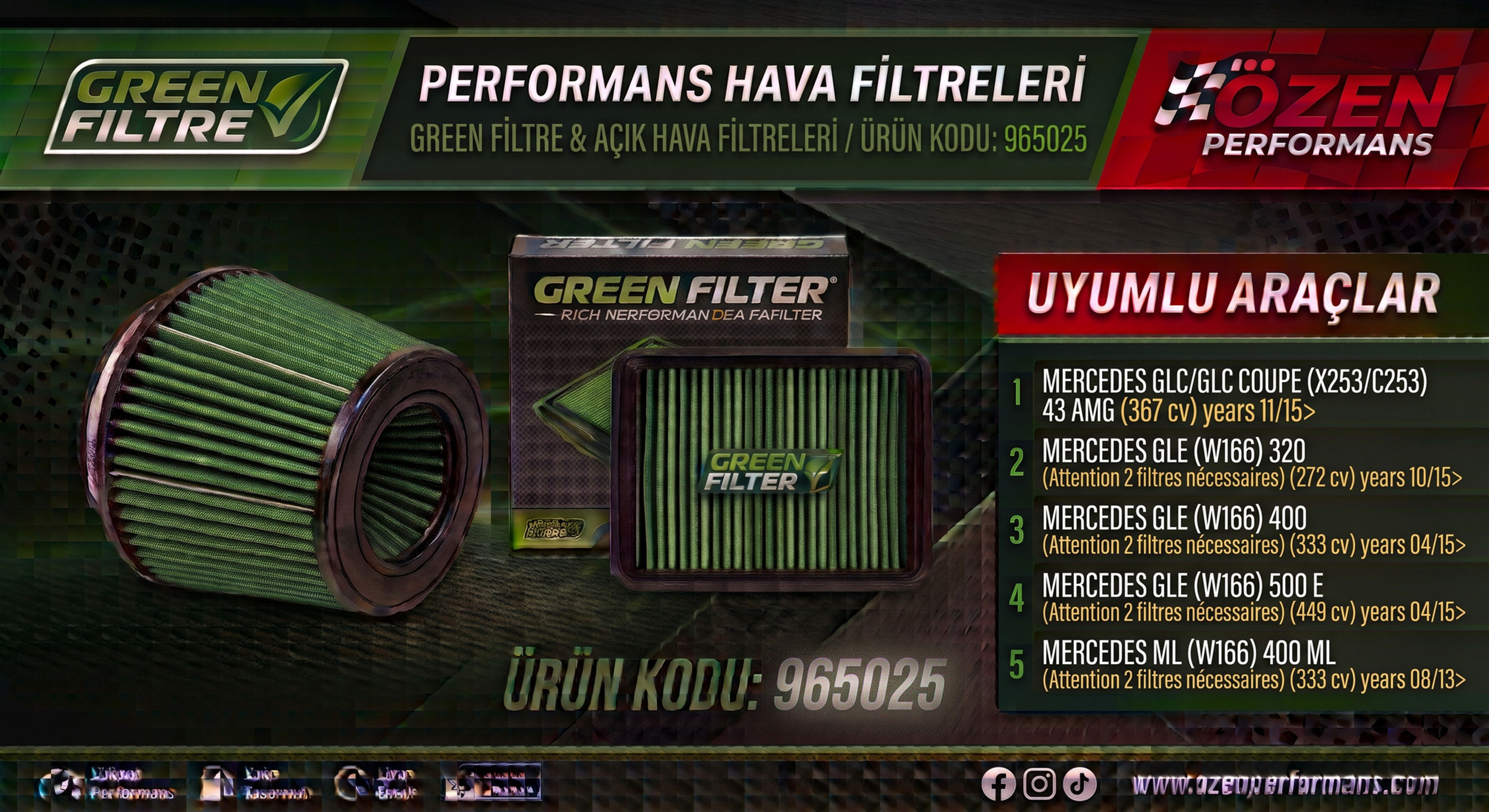 MERCEDES İÇİN GREEN KUTU İÇİ PERFORMANS FİLTRESİ