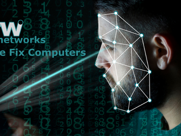 Man with digital facial grid, numbers in background. Text reads "rw networks" and "We Fix Computers." High-tech, futuristic vibe.