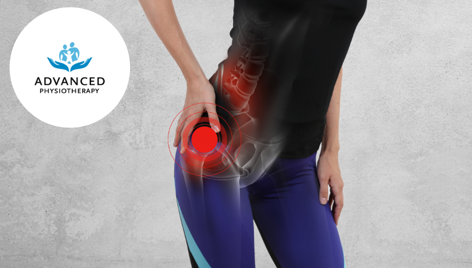 woman holding her hip with Advanced Physiotherapy logo in the background