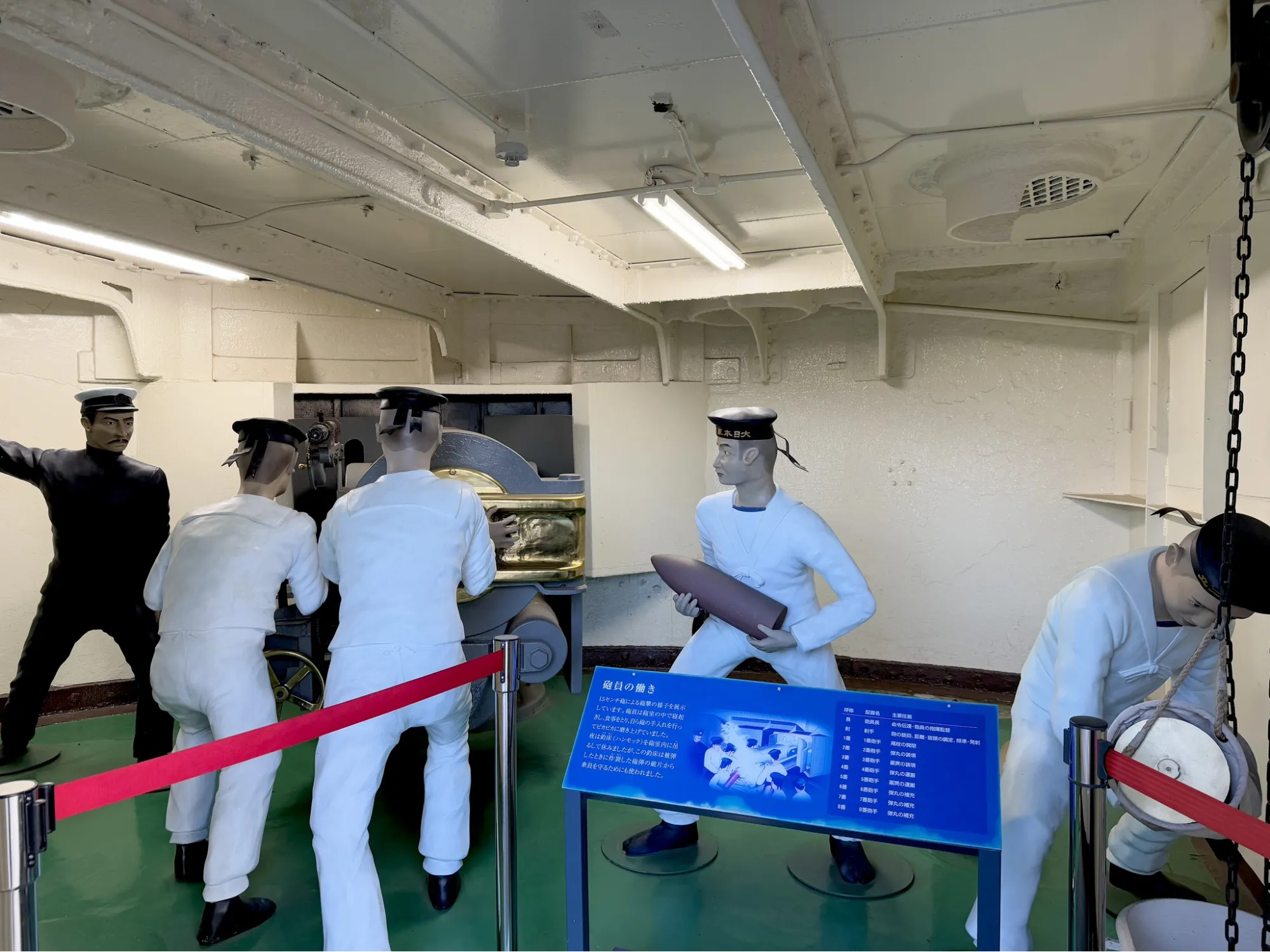 5個身穿海軍軍服的人形雕像在船艙內