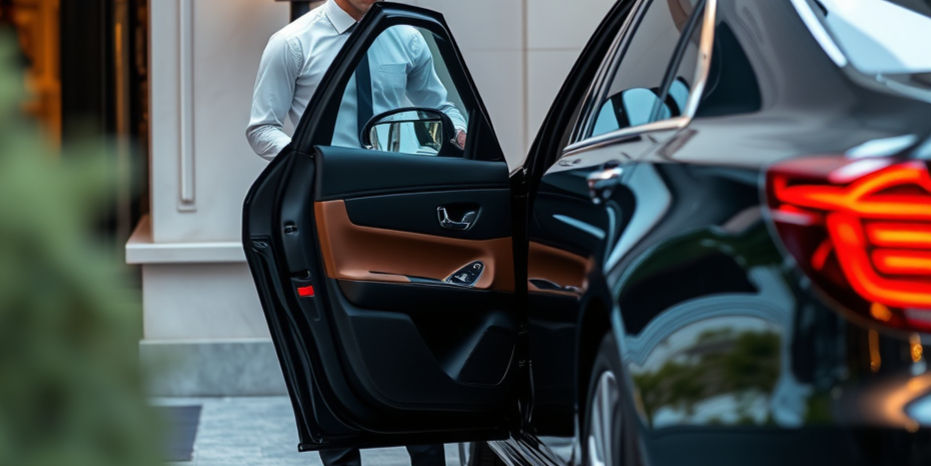Create a realistic photo of a valet service scene featuring a professional valet attendant