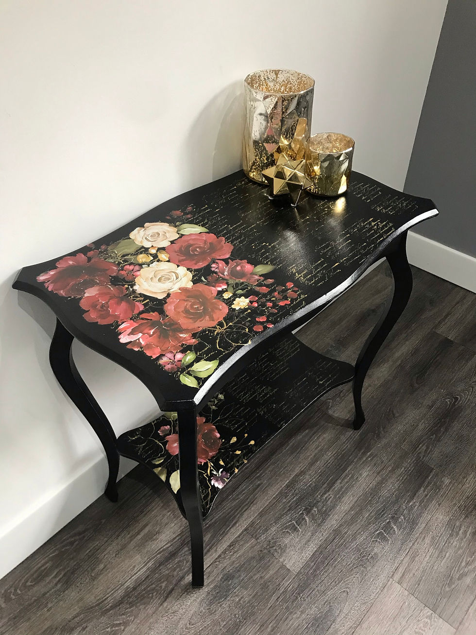 Thumbnail: Black and Gold Script Console Table, upcycled Vintage Hallway Table
