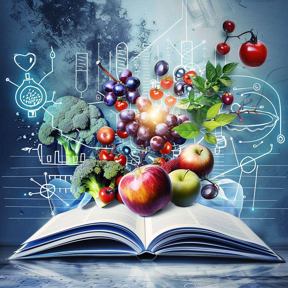 A creative conceptual image combining an open book on a wooden surface with a vibrant burst of fresh fruits and vegetables, such as broccoli, grapes, apples, and tomatoes, rising from its pages. The backdrop features a blue-toned science-themed mural with illustrations of laboratory equipment, molecular structures, and scientific diagrams, suggesting a theme of nutrition science or the chemistry of food.