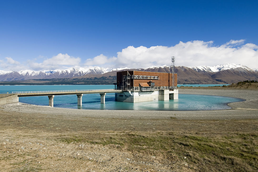 The Tekapo B hydro power station on Lake Pukaki, glacier water, low lake level, New Zealan