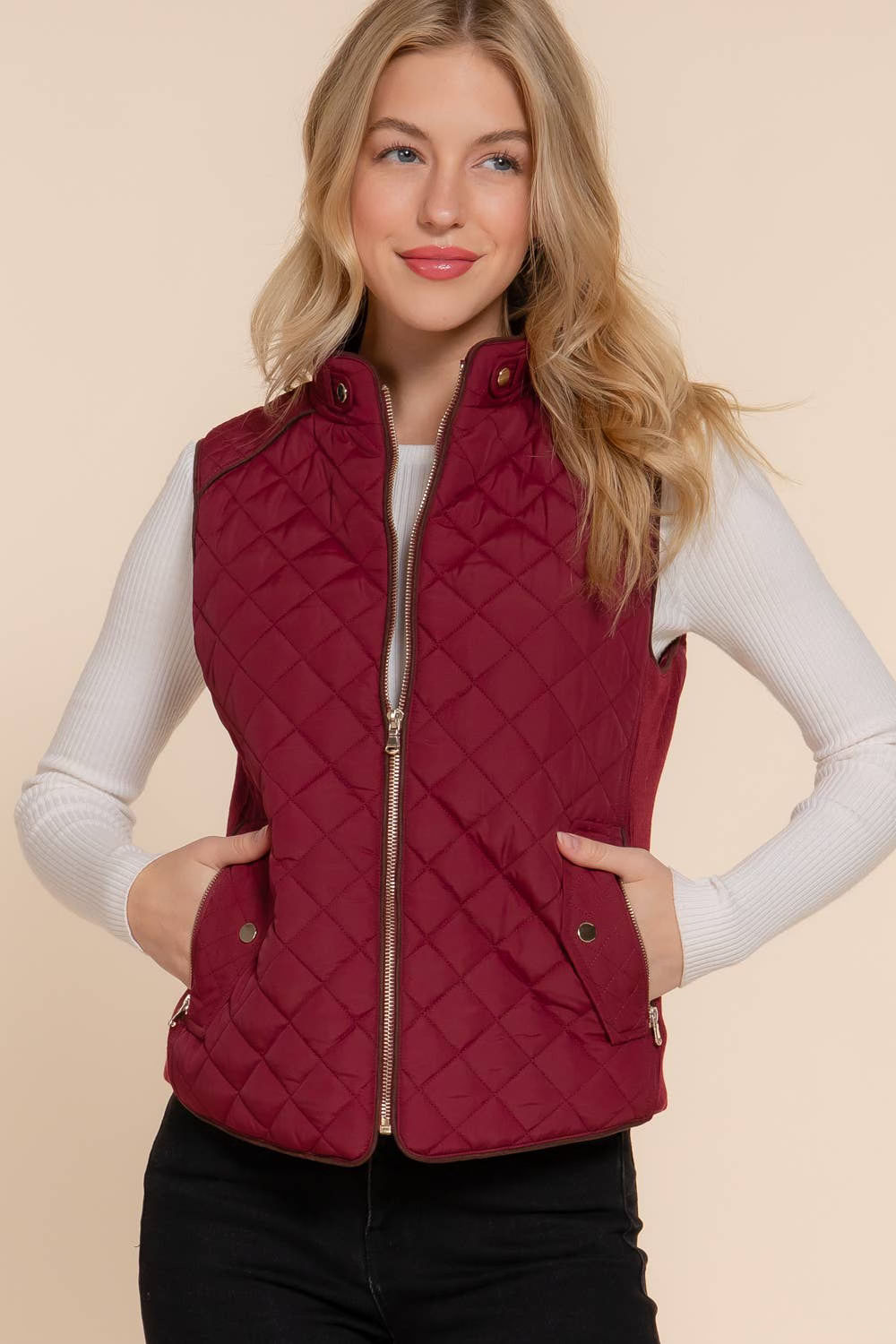 Quilted Rib Padding Vest in Wine