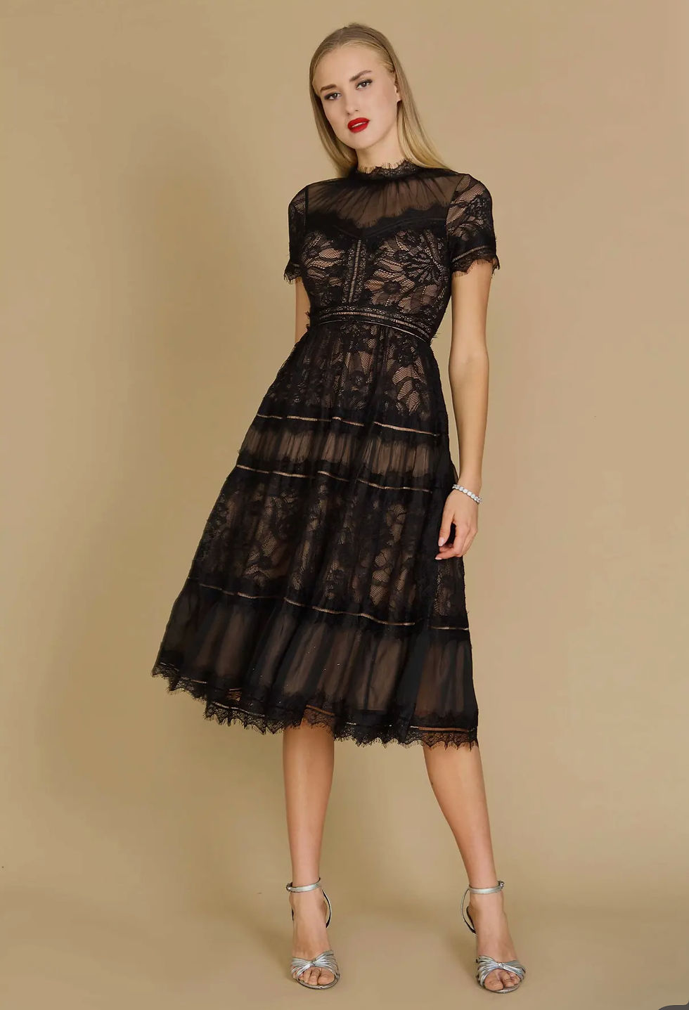 Black Lace Short Sleeve Cocktail Dress