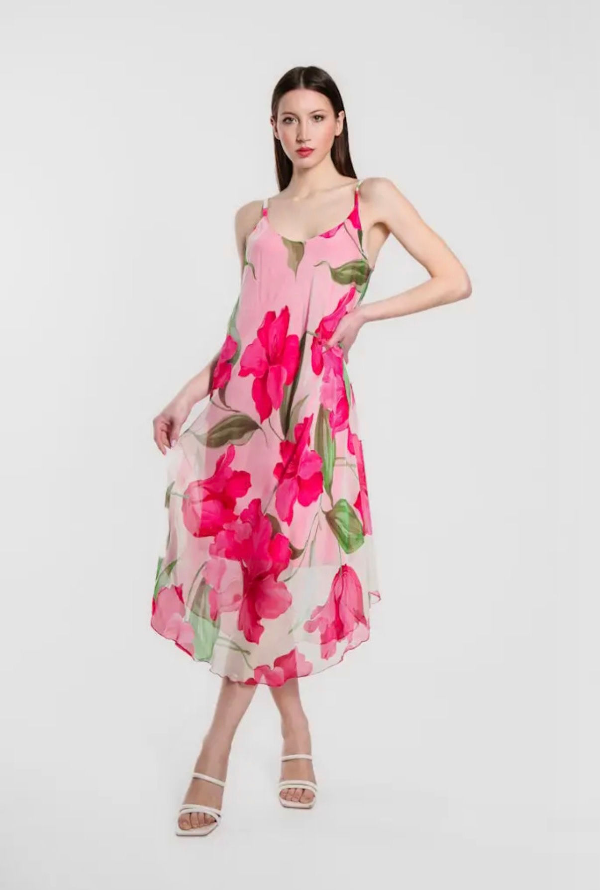 Rachel Iris Print Silk Midi Dress in Fuchsia