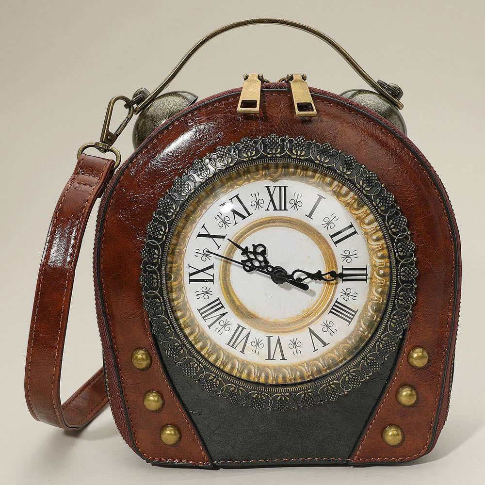 Vintage Clock Handbag, Working Clock, Brown