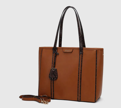 Brown leather tote bag with long handles and a long shoulder strap.