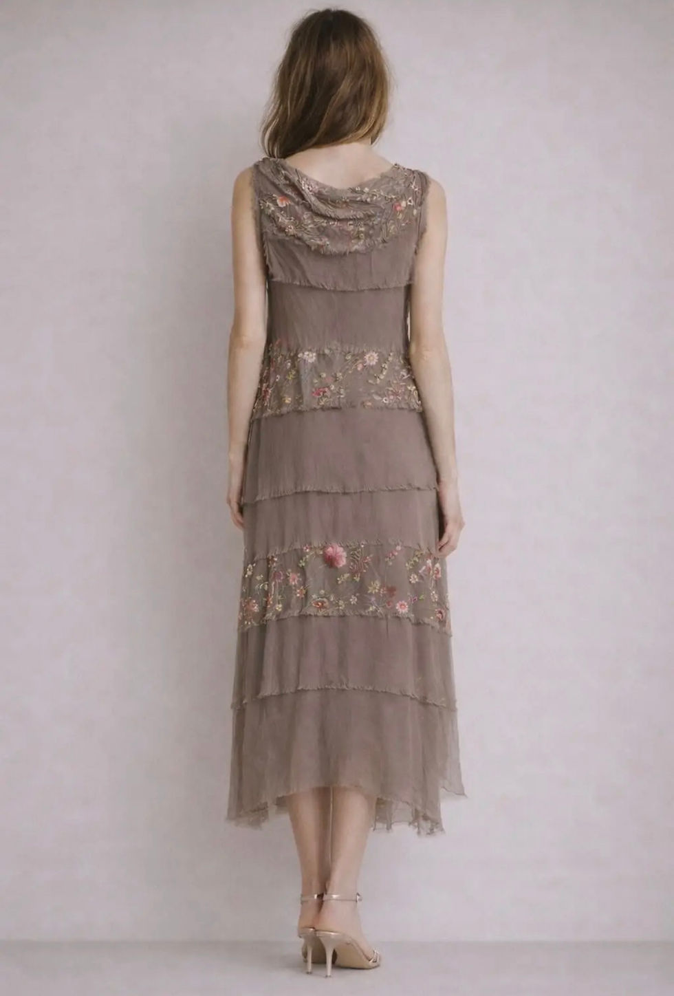 Thumbnail: Embroidered Aleena Silk Ruffle Maxi DressTaupe