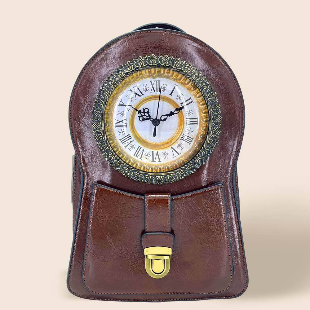 Vintage Clock Face Crossbody Backpack Bag,Brown