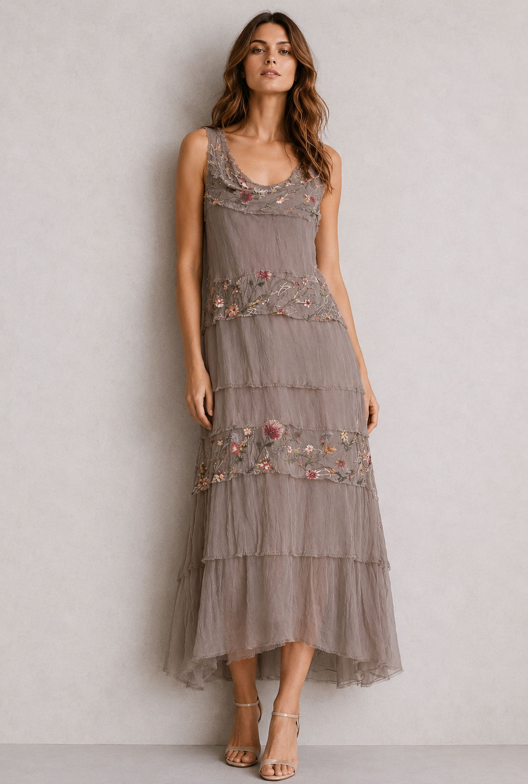 Embroidered Aleena Silk Ruffle Maxi DressTaupe