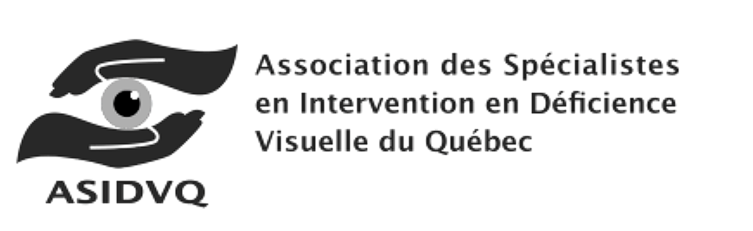 Le logo de l'ASIDVQ prend la forme générale d'un œil ouvert vu de face et faisant référence à la mission centrale des intervenant(e)s, soit soutenir l'autonomie et l'épanouissement des personnes malvoyantes et en cécité. Deux mains en forme de coupe, l'une placée en haut, l'autre en bas de l'œil évoquent à la fois les paupières et l'approche utilisée fondée sur la relation d'aide. Deux petites cannes de support dessinées en traits fins laissent deviner les cils de l'œil. Le logo est épuré et contrasté, répondant ainsi aux normes d'accessibilité visuelle.