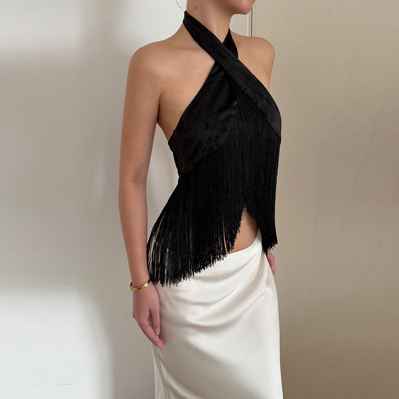 Thumbnail: Solid Satin Women Fringe Top Cross Halter Neck Sleeveless Off Shoulder Backless 