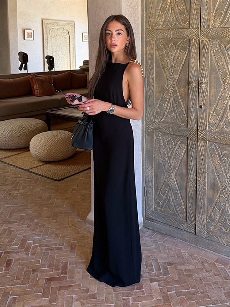 Thumbnail: Sexy Bead Strap Maxi Dresses Women's Slim Sleeveless Backless Waist-cinching Hip