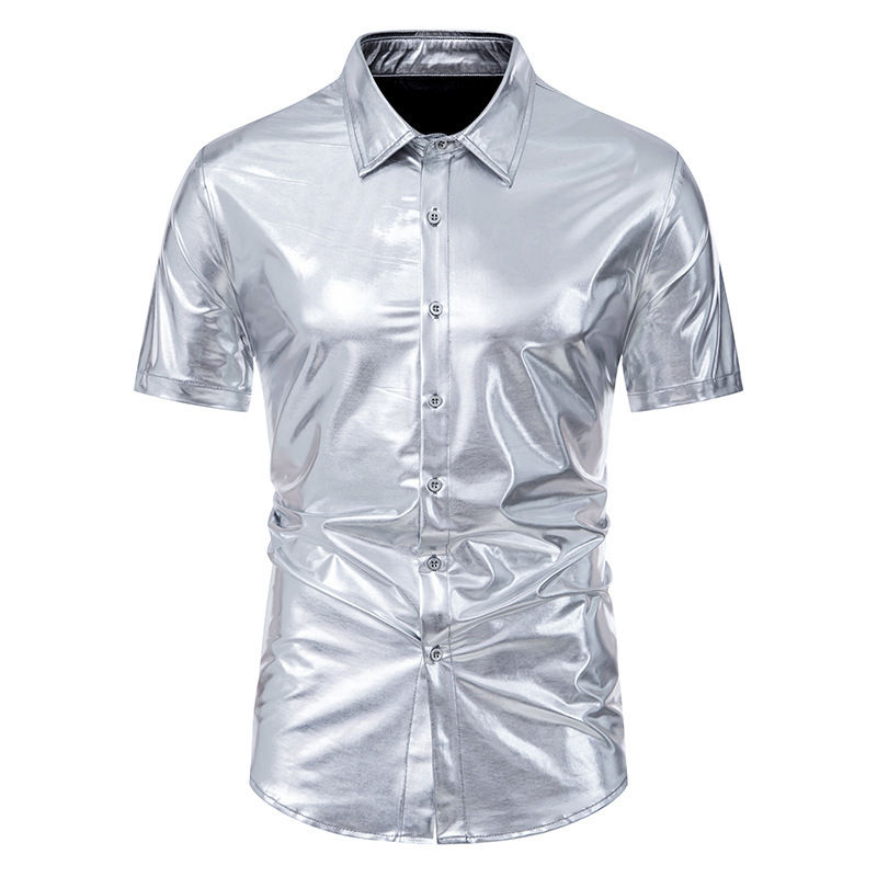 Thumbnail: Cross-border summer new men's bright nightclub disco short sleeve shirt stage pe