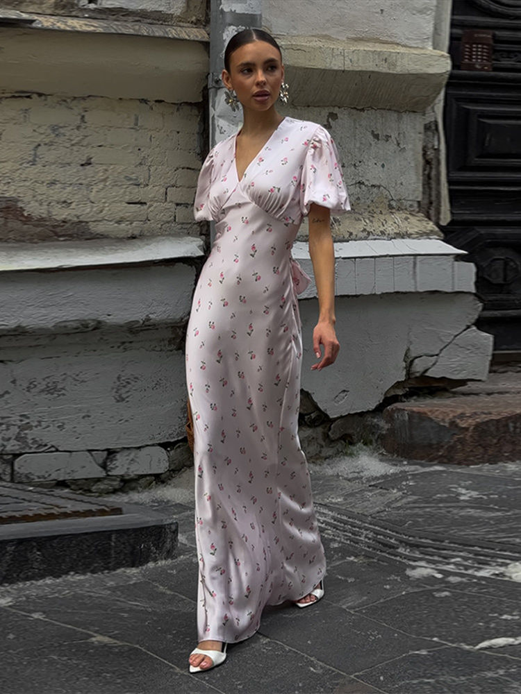 Thumbnail: Elegant Print Women Long Dress Fashion V-neck Pleated Flutter Short Sleeve Empir