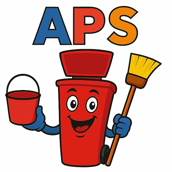 Firmenlogo: Cartoon Mülltonne mit Kehrbesen in der Hand