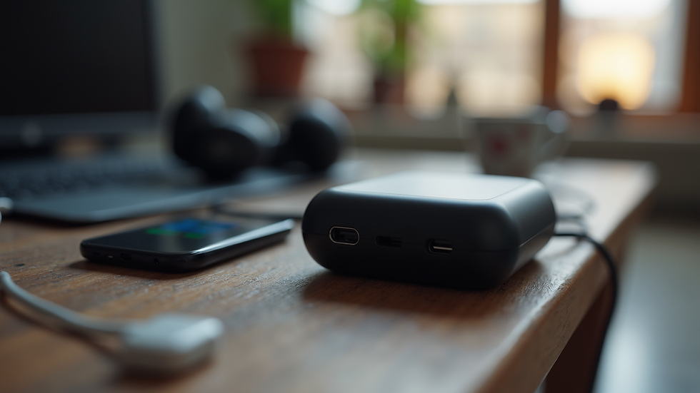 Close-up view of tech accessories like chargers and headphones