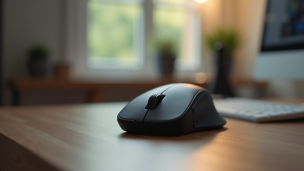 Eye-level view of a wireless mouse on a wooden desk