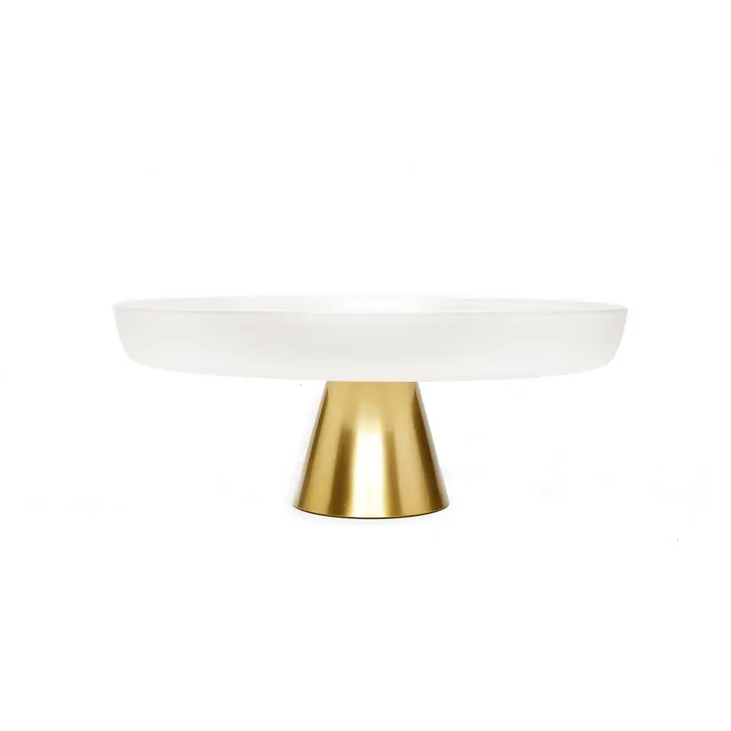 White Glass Cake Plate on Gold Pedestal