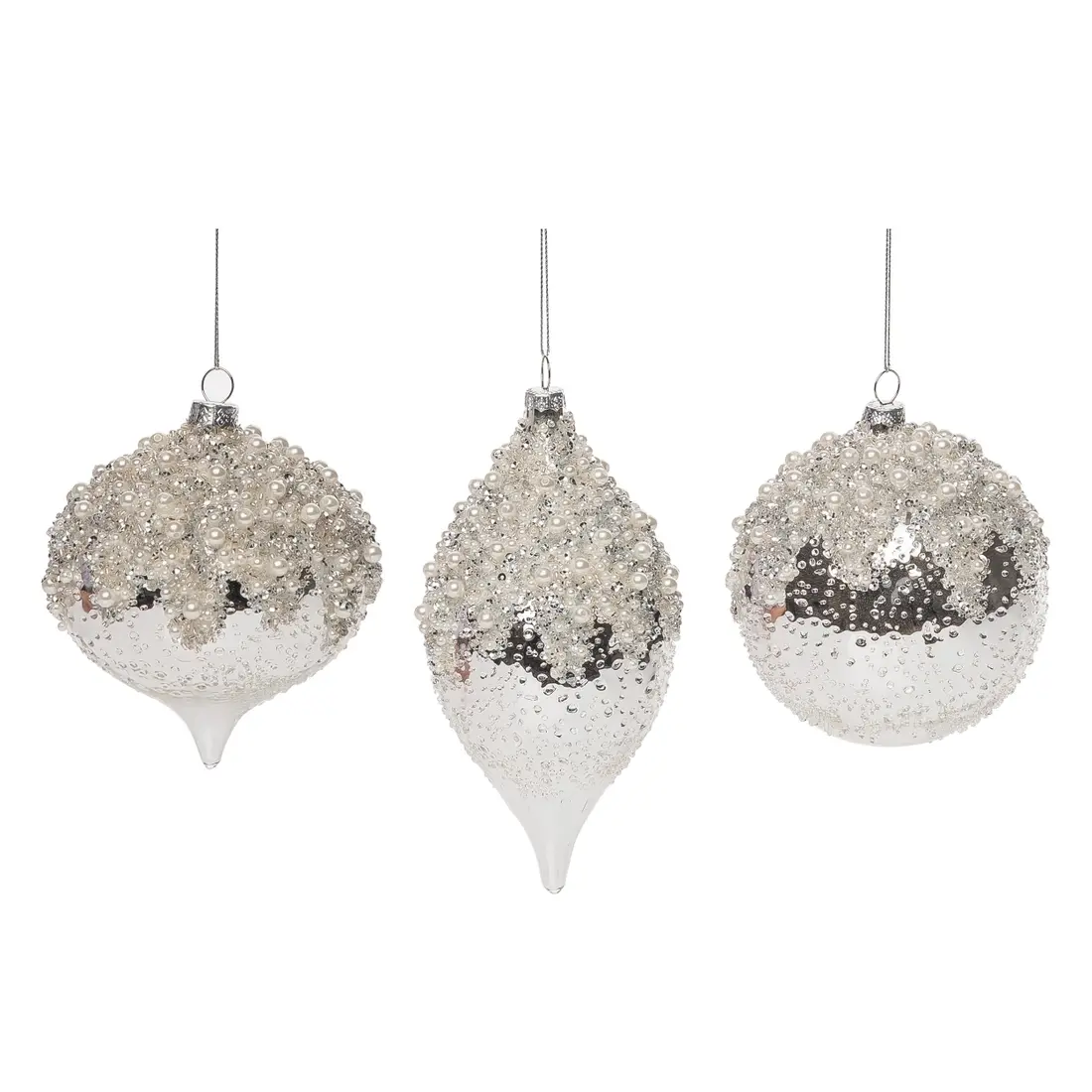 Glass Silver Christmas Glitter Beaded Ornaments (Set of 3)