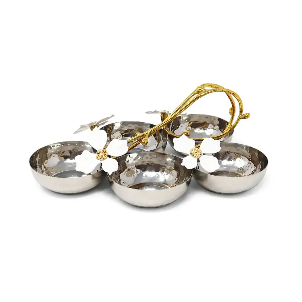 Thumbnail: Stainless Steel 5 Bowl Relish Dish w/ Jewel Flower Design
