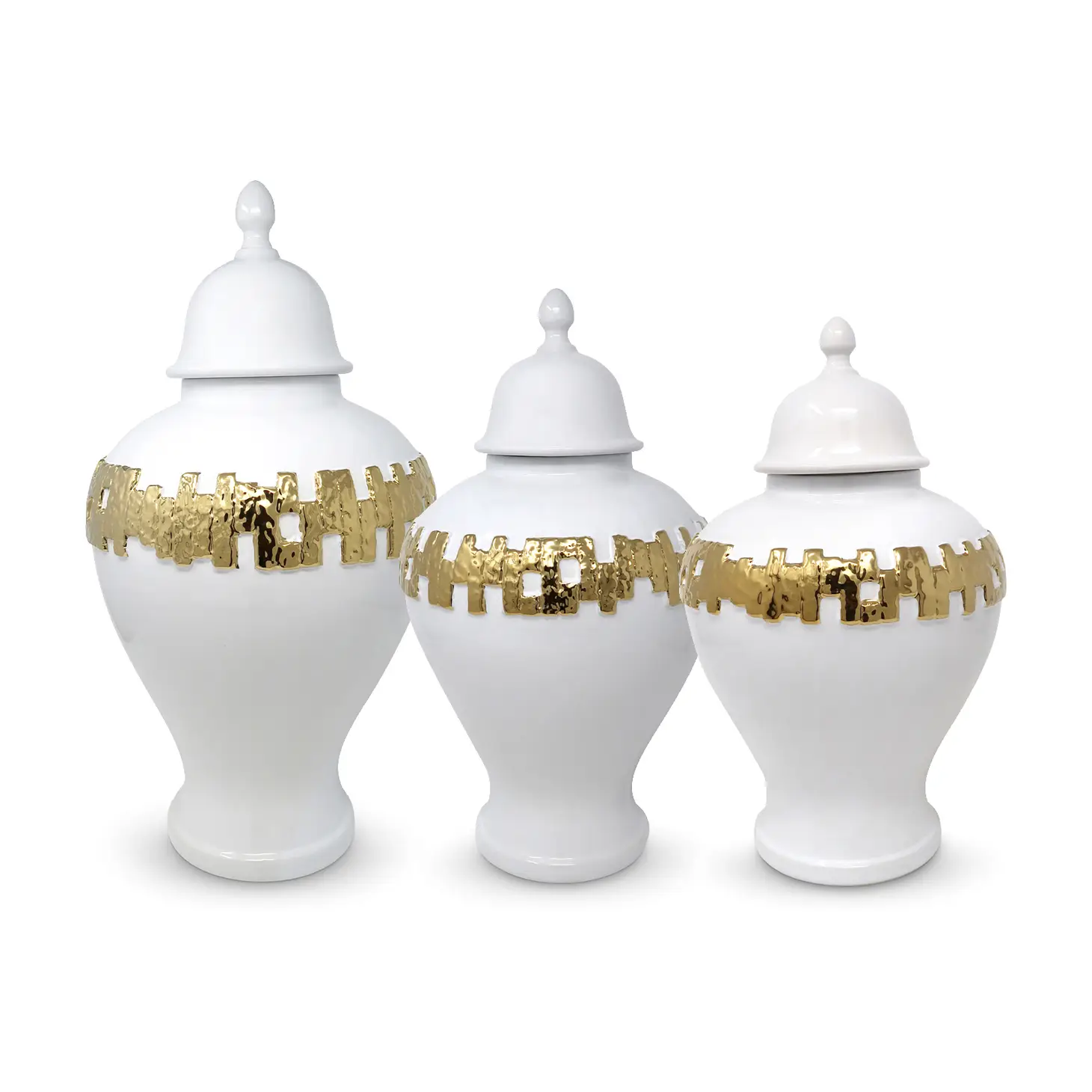 White Ginger Jar w/ Gold Design (3 Sizes) DarlingDiamondDecor