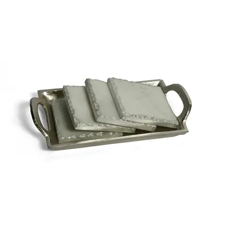 Marble Coasters w/ Silver Trim & Tray Set