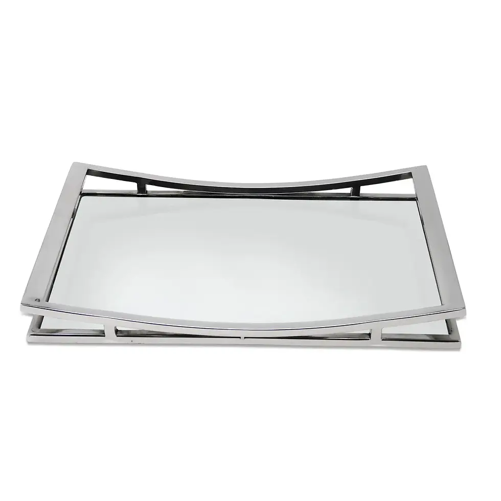 Thumbnail: Silver Rectangle Mirror Tray with Ramp Design Handle