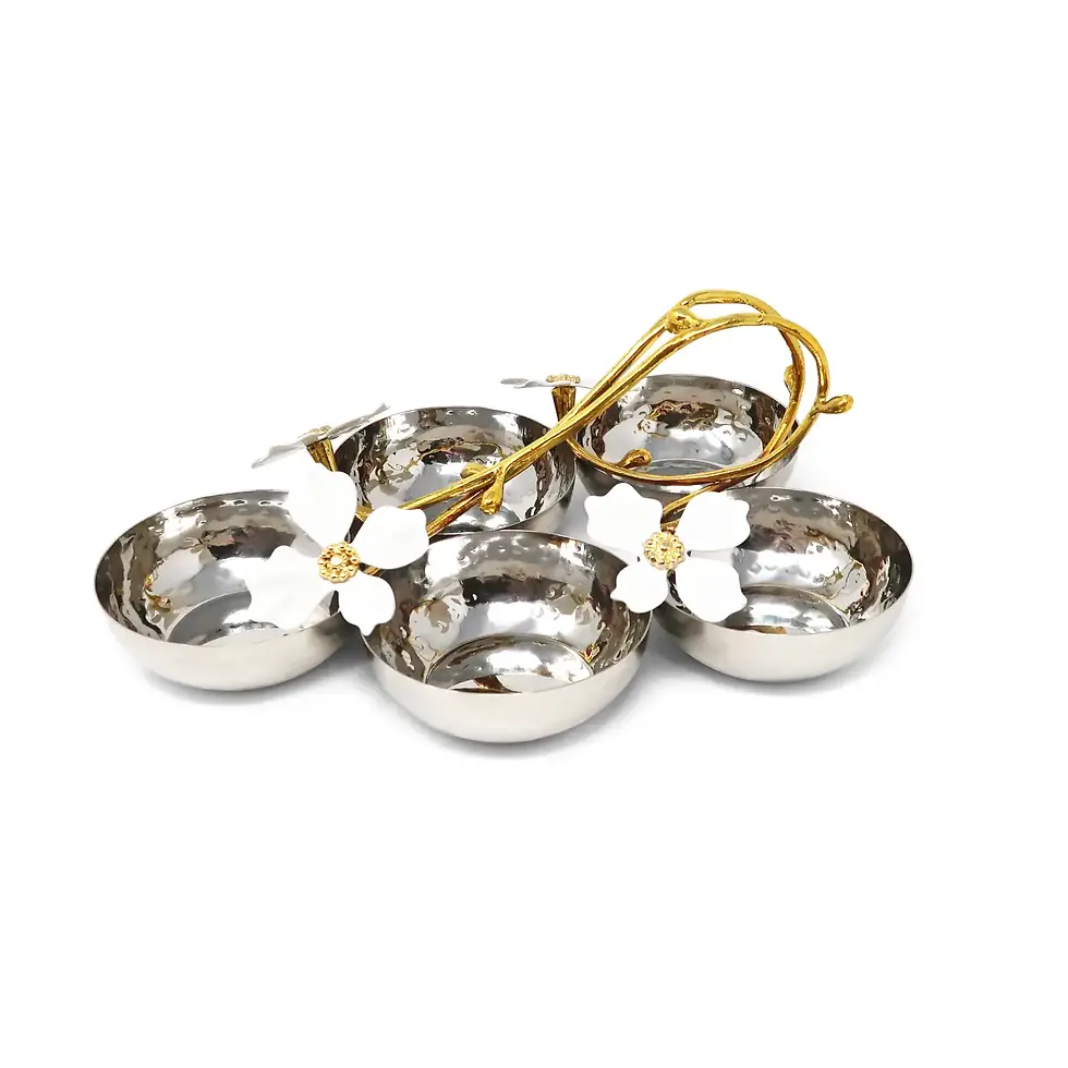 Stainless Steel 5 Bowl Relish Dish w/ Jewel Flower Design
