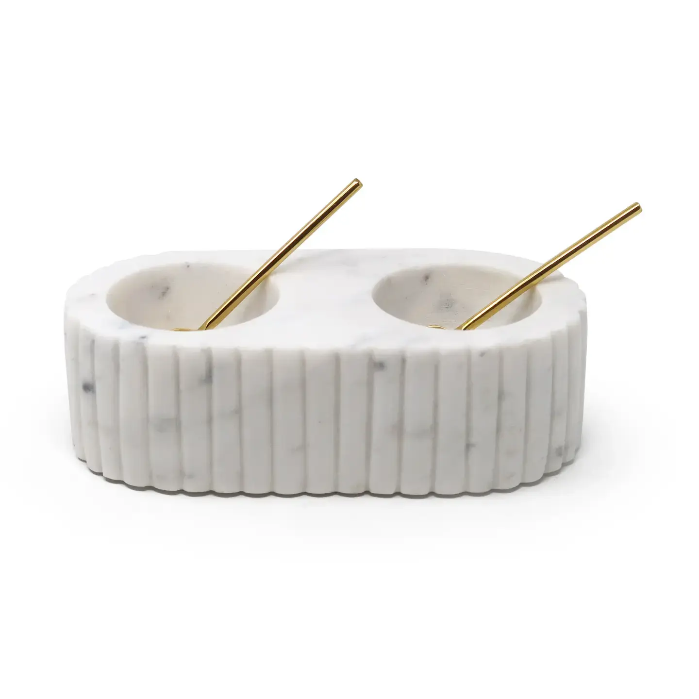 White Marble Salt and Pepper Dish with Gold Spoon