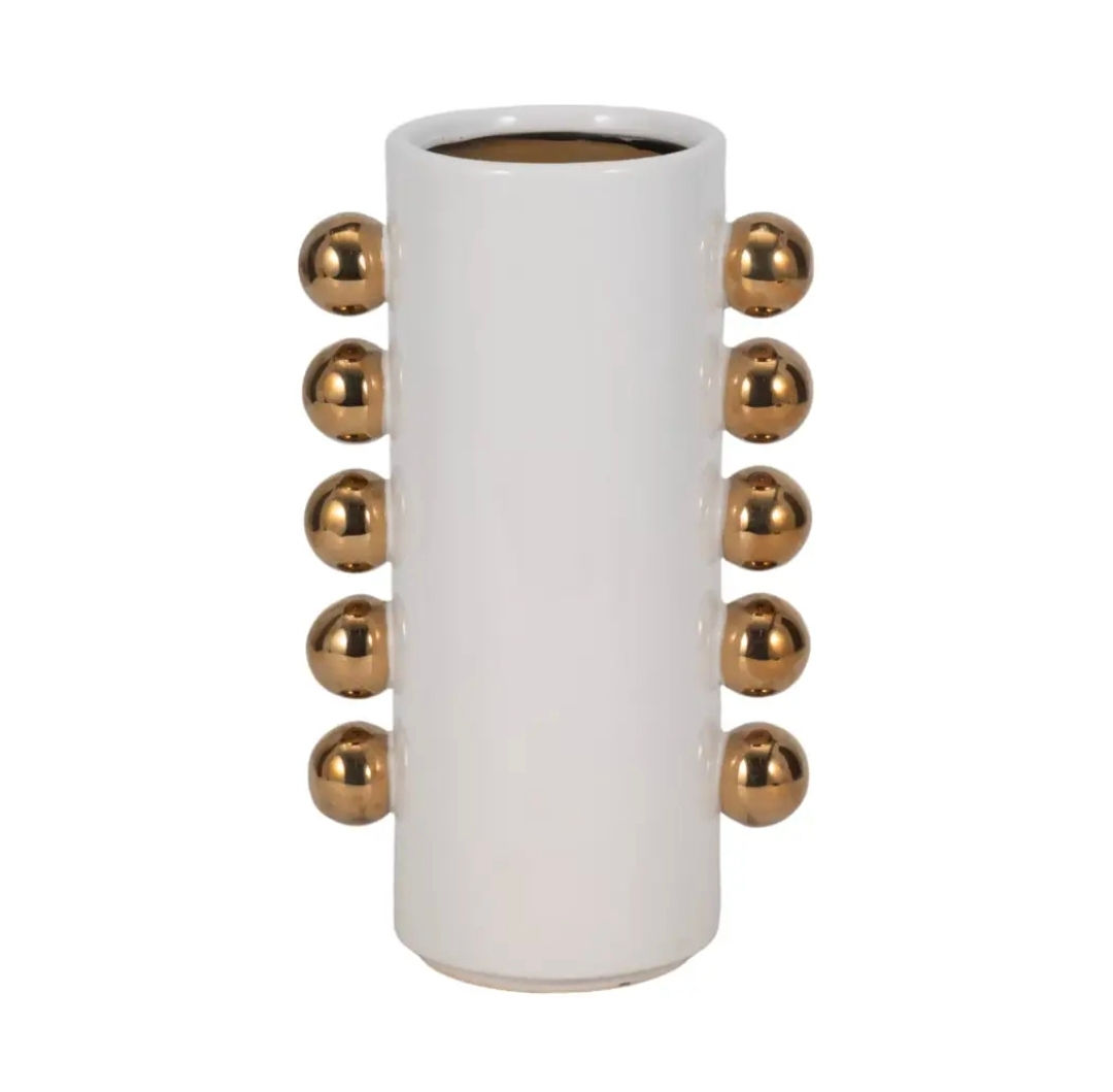 White Cylinder Vase with Gold Knob Details