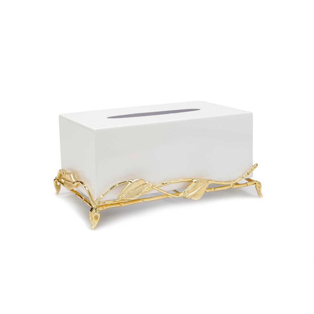 White Tissue Box Cover w/ Gold Leaf Design Base DarlingDiamondDecor