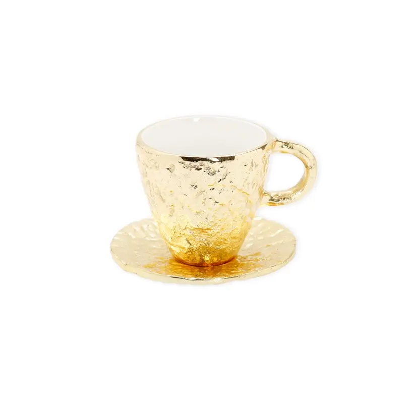 Gold Textured Metal Tea Cup & Saucer w/ White Interior