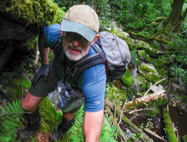This photo by Seth O'Shields shows Dave Landreth climbing the Roaring Fork branch, which leads from Grotto Falls to Basin Spring at LeConte Lodge.