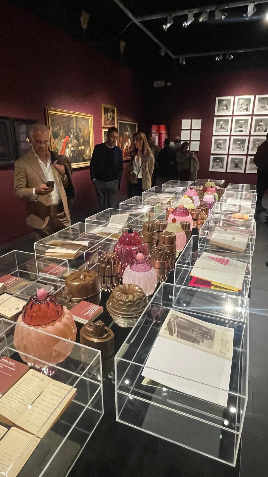 JELLO glass objects by STUDIO BERG with antique pudding moulds and historical documents in the FOOD exhibition, Rome