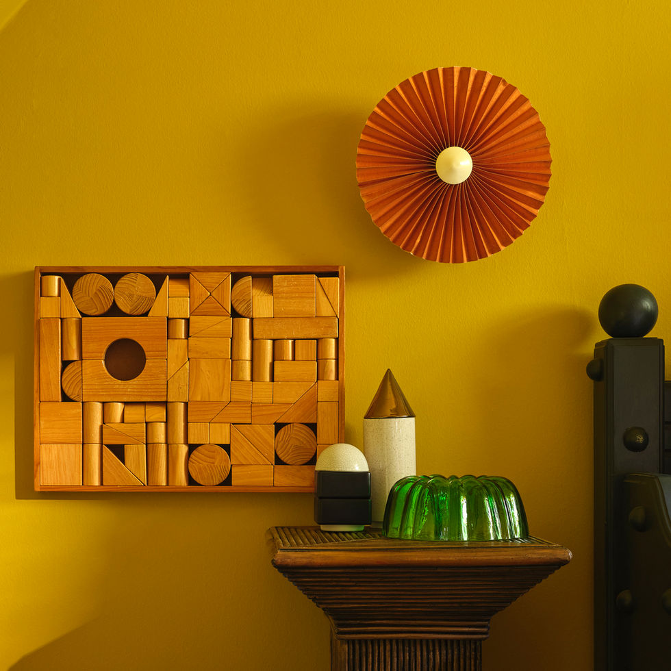 KNSTRKT set of fourteen by STUDIO BERG: stacked glazed ceramic pieces in Memphis colors and shapes
