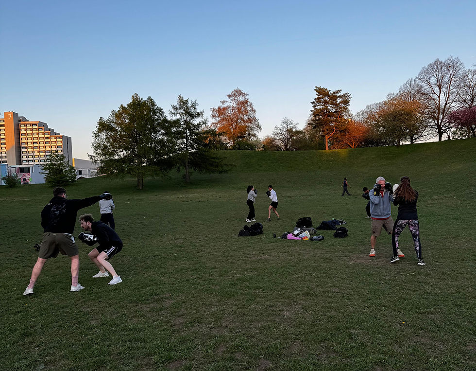 Mindful Warriors outdoor company wellness session combining boxing and fitness training in Munich.