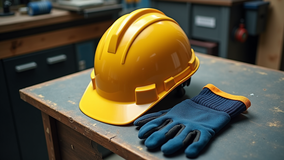High angle view of a safety helmet and gloves on a workbench
