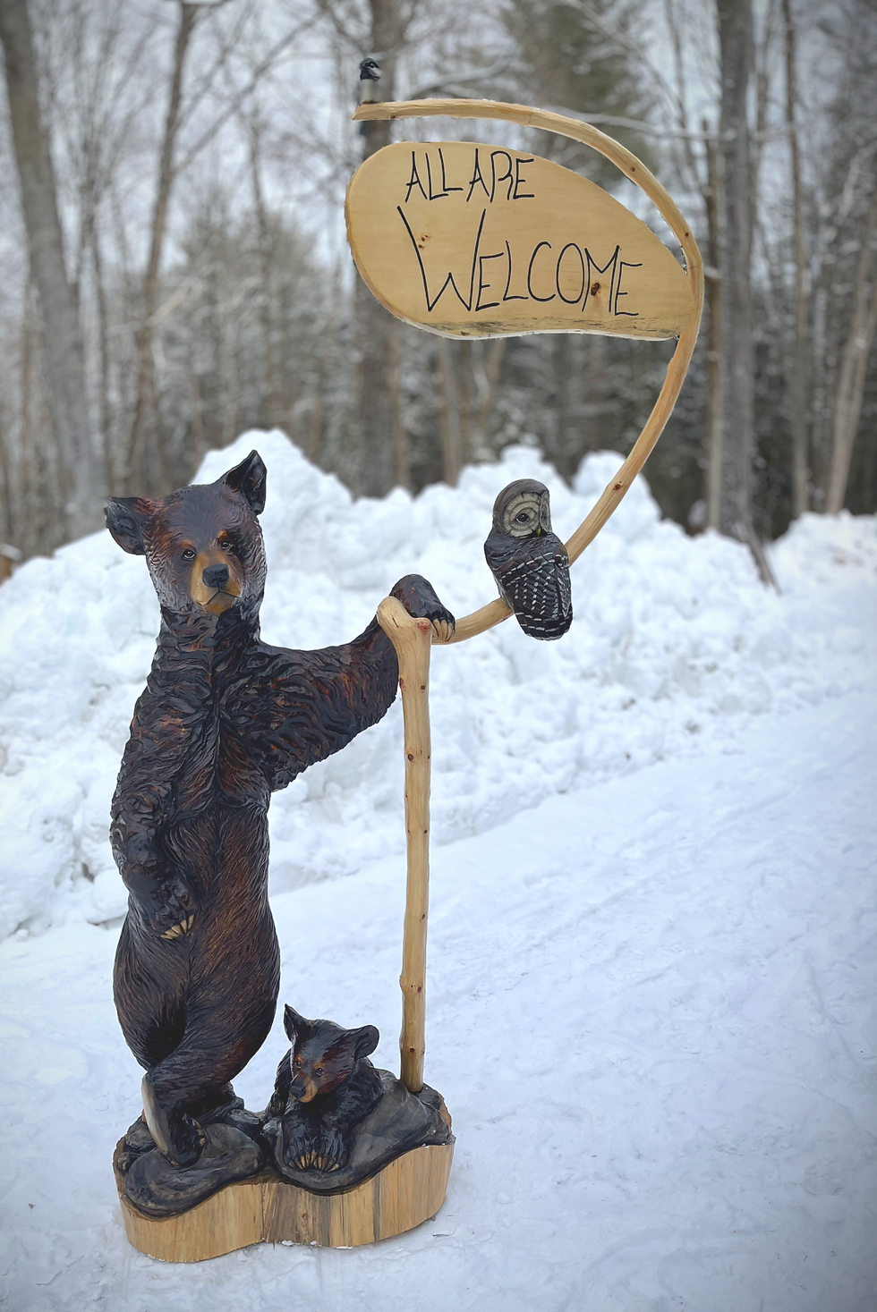 Four Friends, bear, bear cub, owl, chickadee, sign