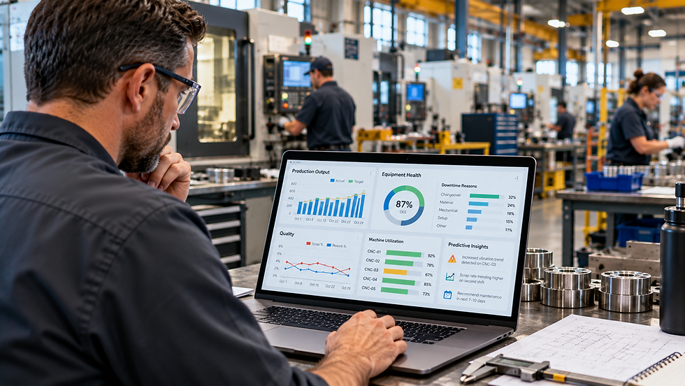 Manufacturing engineer analyzing production performance, equipment health, downtime, and predictive insights using an AI-enabled dashboard in a manufacturing facility.